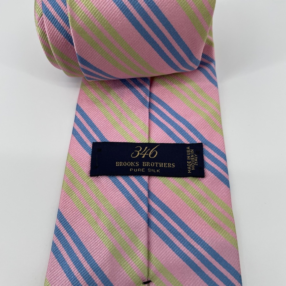 Brooks Brothers 346 Men's Silk Necktie Pink Blue Green Repp Stripe Made in USA - Picture 2 of 4